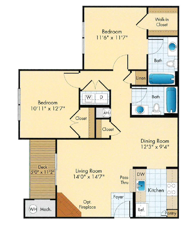 Floor plan for 2 beds, 2 baths, 913 sqft